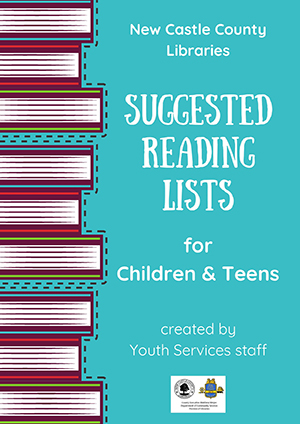 Stacks of books on left with white text on teal blue background about reading lists for Kids and Teens